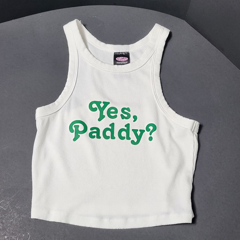 Cherry Kitten Yes Paddy Ribbed Graphic Tank Top White Green Small Sleeveless‎